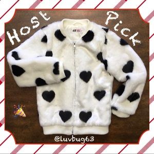 H&M White Faux Fur Jacket with Black Hearts!